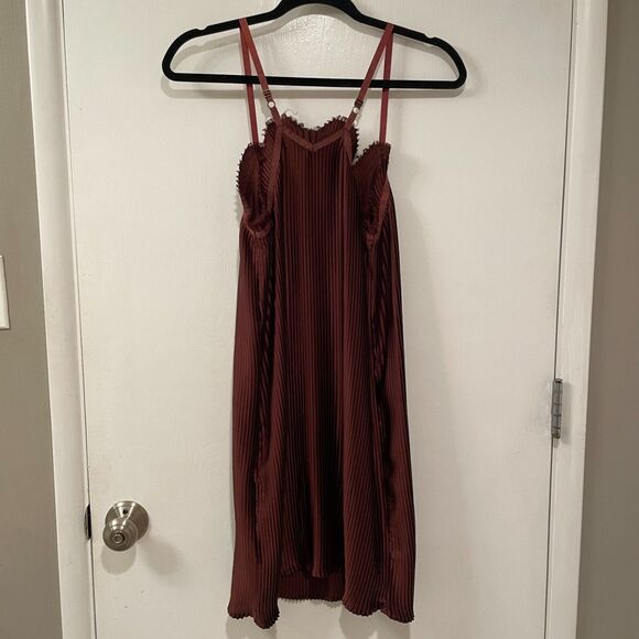 All Saints Sleeveless Pleated Slip Mini Dress Burgundy 2 - Picture 2 of 11